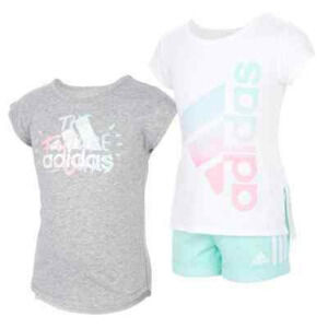 Girl's Adidas 3 Piece Set Tee Shirts and Shorts Green White Grey Size 5